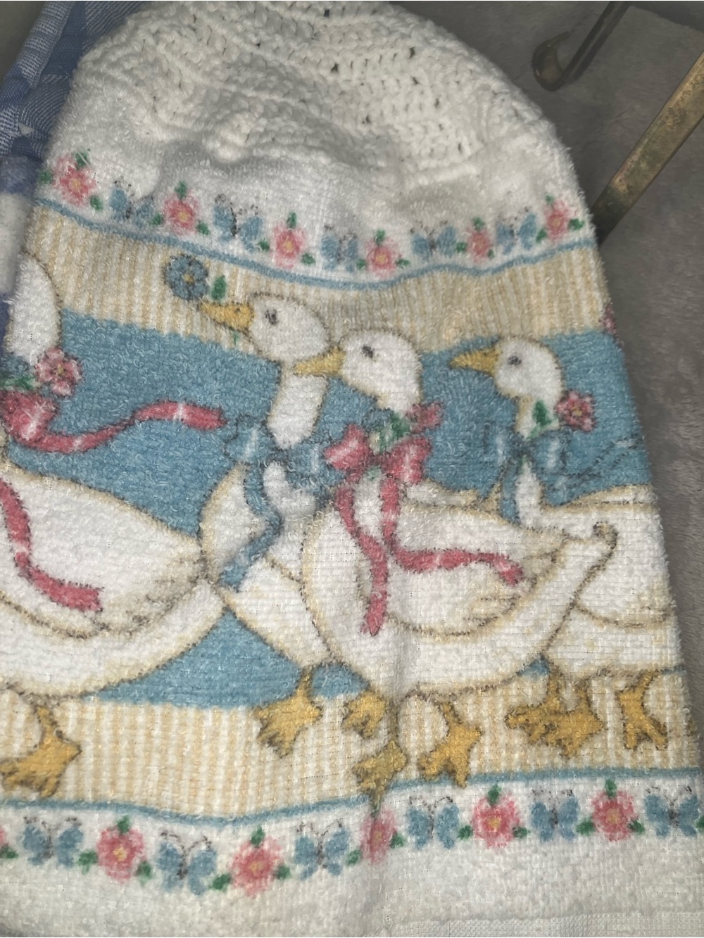 Vintage Goose Kitchen Towels White Goose Motif Knit top, checkered print